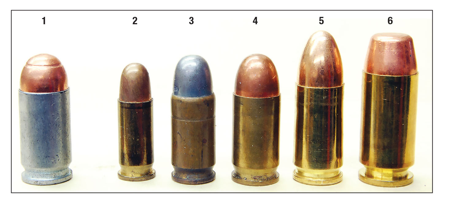 The (1) 9mm Makarov bullet shape is unlike any other, such as the (2) .25 ACP, (3) .32 ACP, (4) .380 ACP, (5) 9mm Luger or (6) .40 S&W.